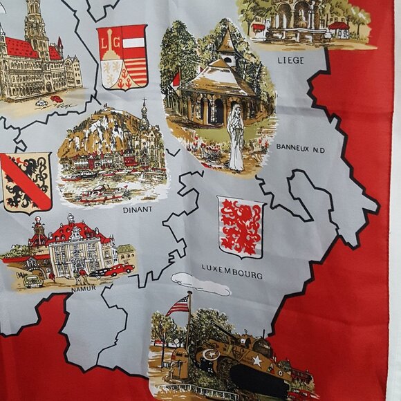 Vintage Van Deun Souvenir Square Scarf Map Of Belgium Castles Monuments Red Made - Picture 5 of 10